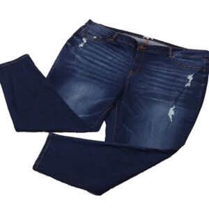 Rewind Blue Whiskering Distress Dark Wash Five Pocket High Rise Skinny Leg Jean